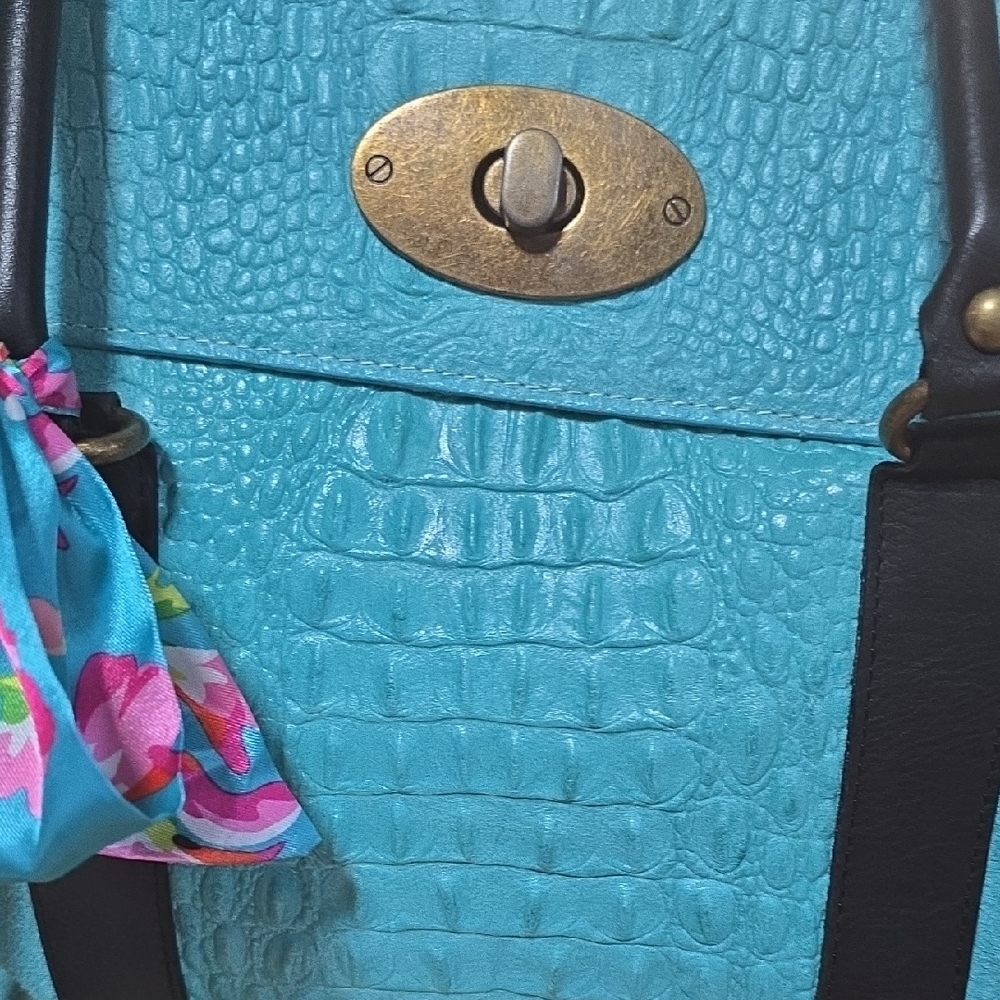 Turquoise Itailan Croc Embossed Suede Handbag with Scarf Accent - Picture 8 of 13